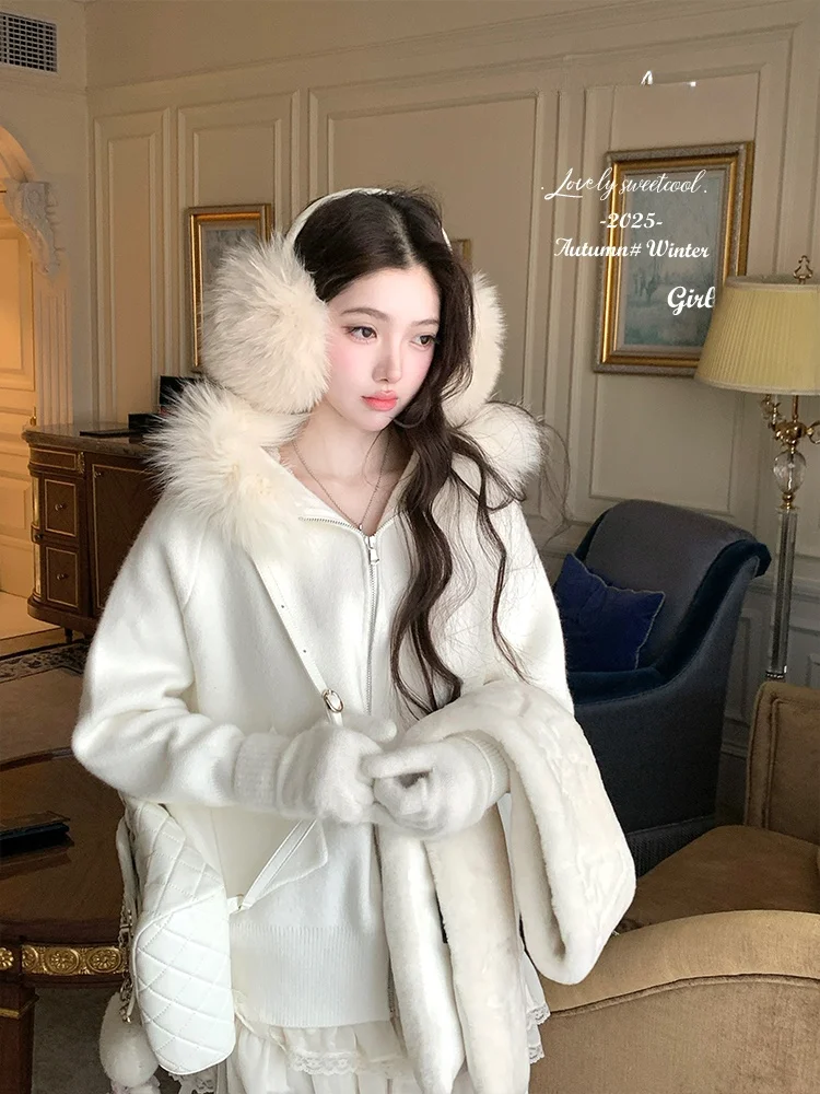 

Acaine Winter Knitted Hat Coat Women's Casual Top White Large Fur Collar Zipper Knitwear Soft Long Sve V-Ne Warm Outerwear