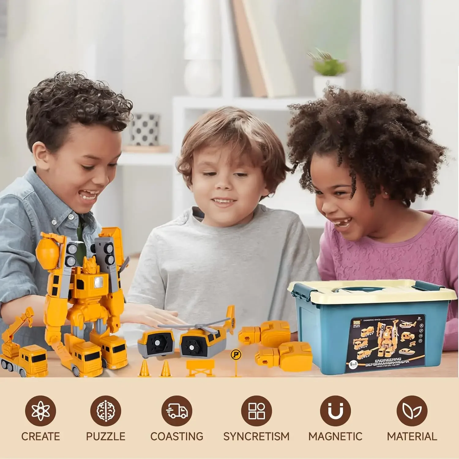 Magnetic Transform Engineering Car Converting Robot Assembled Toys Set with Storage Box DIY Assembled Educational Creativity Puz