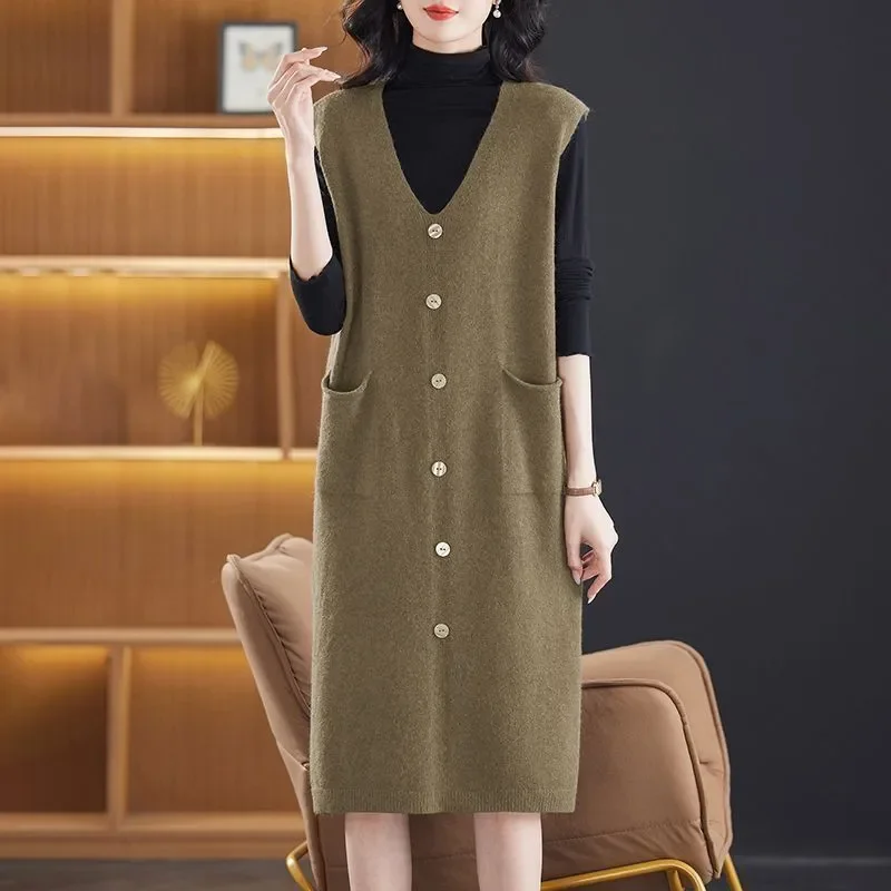 Rompi Rajut Panjang Sedang Model Oversize Cardigan Dress Sweater Vest Tanpa Lengan Longgar Baru