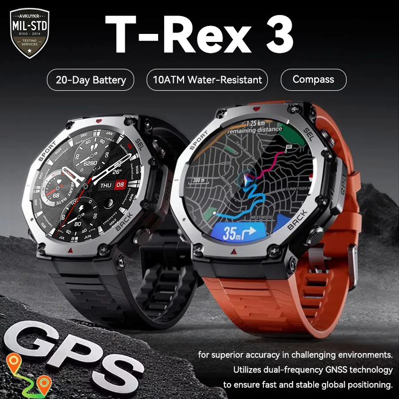

GUAHUVMI T-Rex 3 Ультра двухдиапазонные GPS-умные часы 48 мм AMOLED-дисплей 50 м Водонепроницаемость 6 спутников GNSS 170 Спортивные умные часы