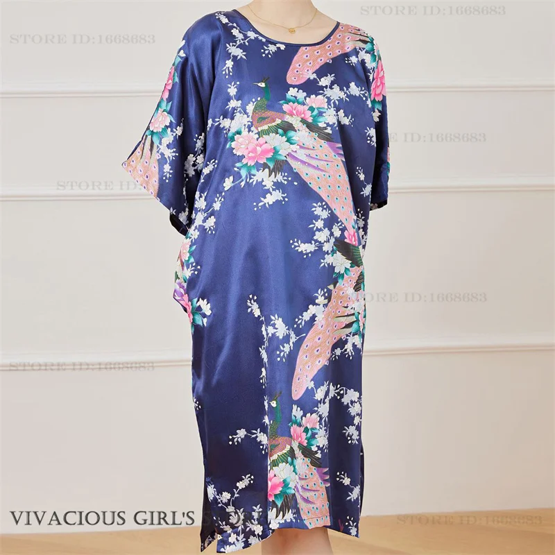 Plus Size Nightgown Sleepwear Women\'s Summer Nightwear Robe Lady Sexy Nightdress Silk Rayon Loose Bathrobe Gown Home Dress