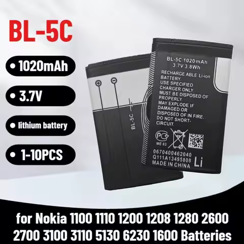 BL-5C 1020mAh 3.7V Lithium Polymer Phone Battery for Nokia 1100 1110 1200 1208 1280 2600 2700 3100 3110 5130 6230 1600 Batteries