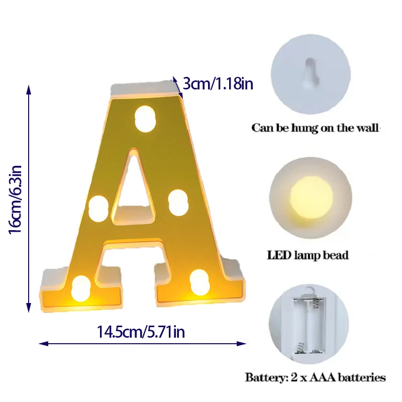 16CM Gold LED Letter Light  Battery Alphanumeri Powered Christmas Gold Log Night Light Suitable for Bars Festivals Birthday Deco