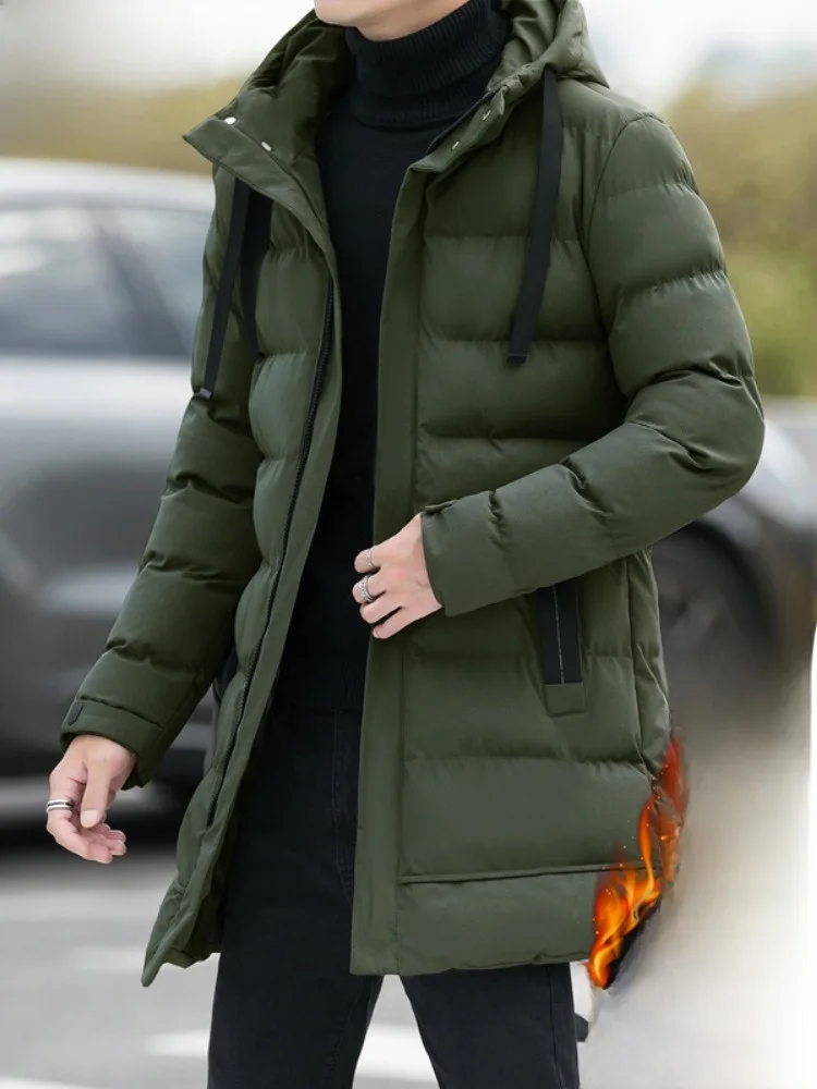 

Мужская утепленная хлопковая куртка-пуховик: зимнее теплое пальто с капюшоном, прочная полиэстеровая подкладка, модный городской стиль