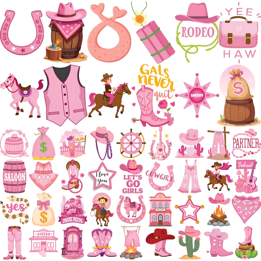 

63pcs Temporary Tattoo Pink Cowboy Items Waterproof Long-lasting Body Stickers Western Icons Temporary Tattoo Stickers For
