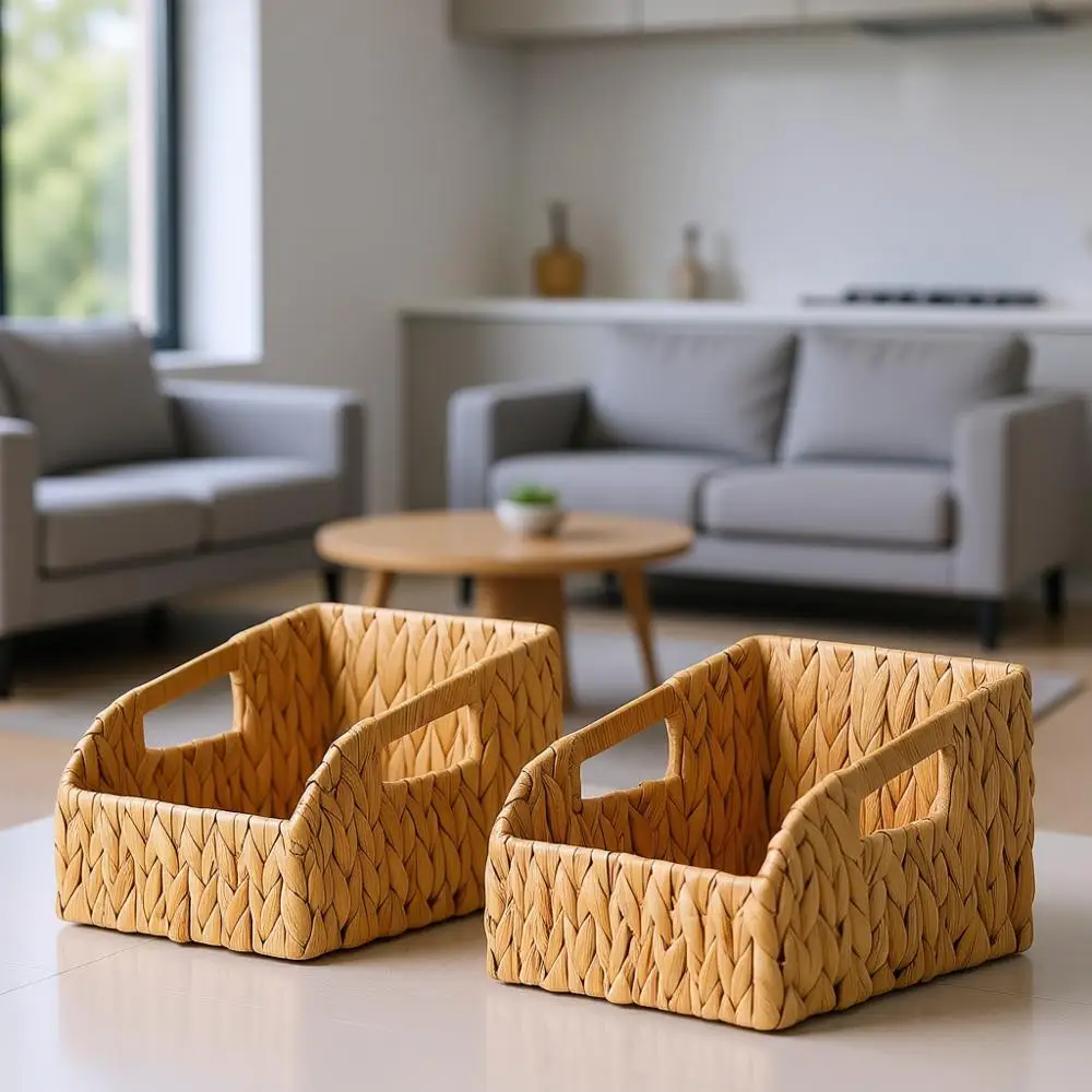 

Набор из 3 больших плетеных корзин с ручками для кладовой, прачечной и декоративного хранения в стиле бохо