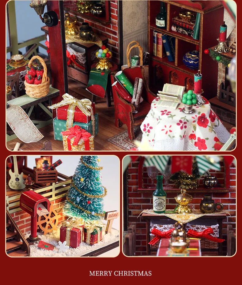 Com luzes led diy de madeira quente natal lodge casa casas de boneca kits modelo em miniatura móveis para amigos presentes