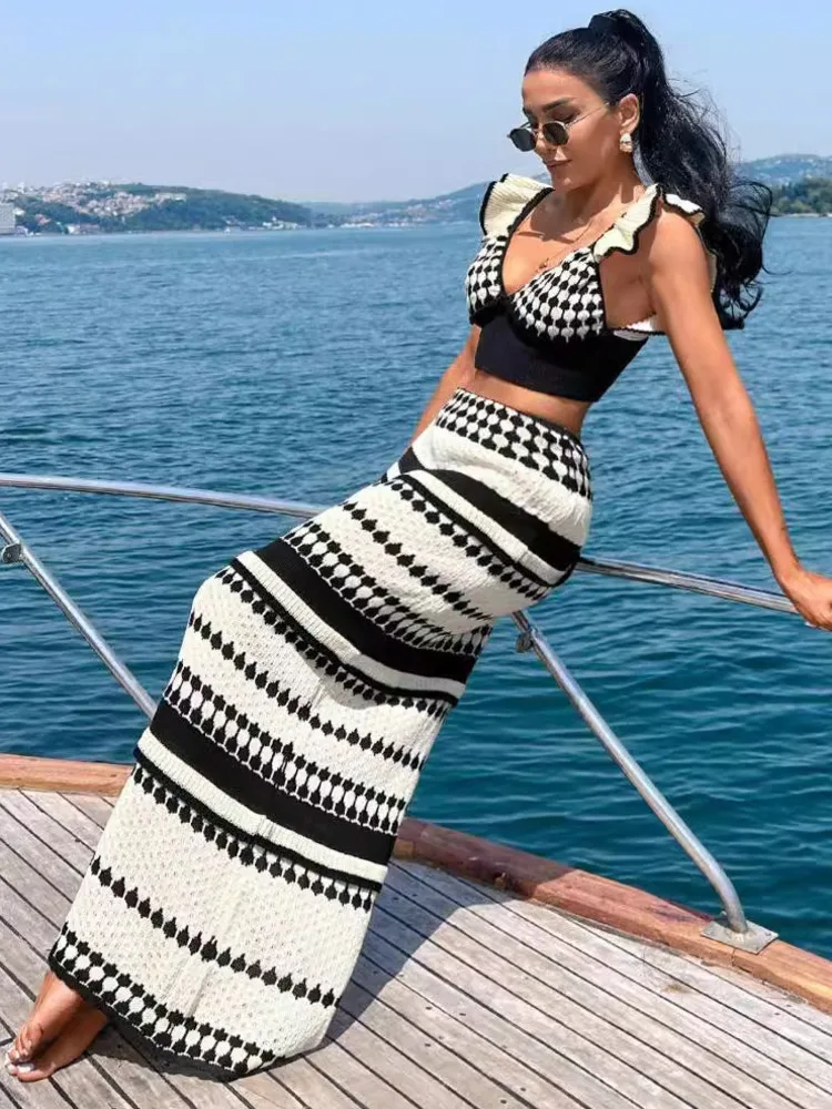 Mozision Striped Knit Two Piece Sets Women V Neck Sleeveless Crop Tops And Maxi Skirt Matching Sets Ladies Knit Skirt Sets