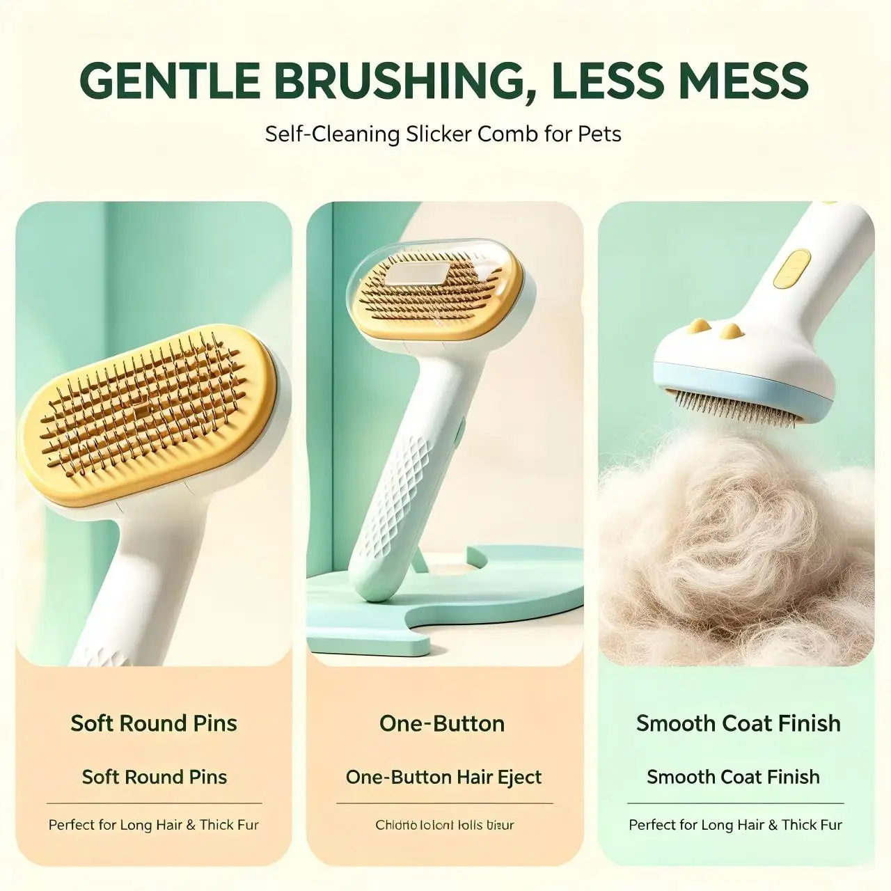 Multi‑Head Replaceable Pet Slicker Brush One‑Click Self‑Cleaning Grooming Comb 3 Interchangeable Pins for Sensitive Skin Sheddin