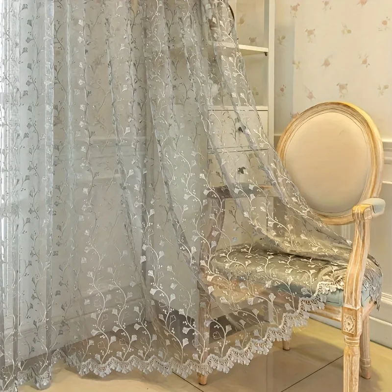 1PC Embroidered Leaf Pattern Curtain, UV Protection, Transparent, Rod Pocket, Ideal for Living Room, Bedroom, Dining Room, Offic