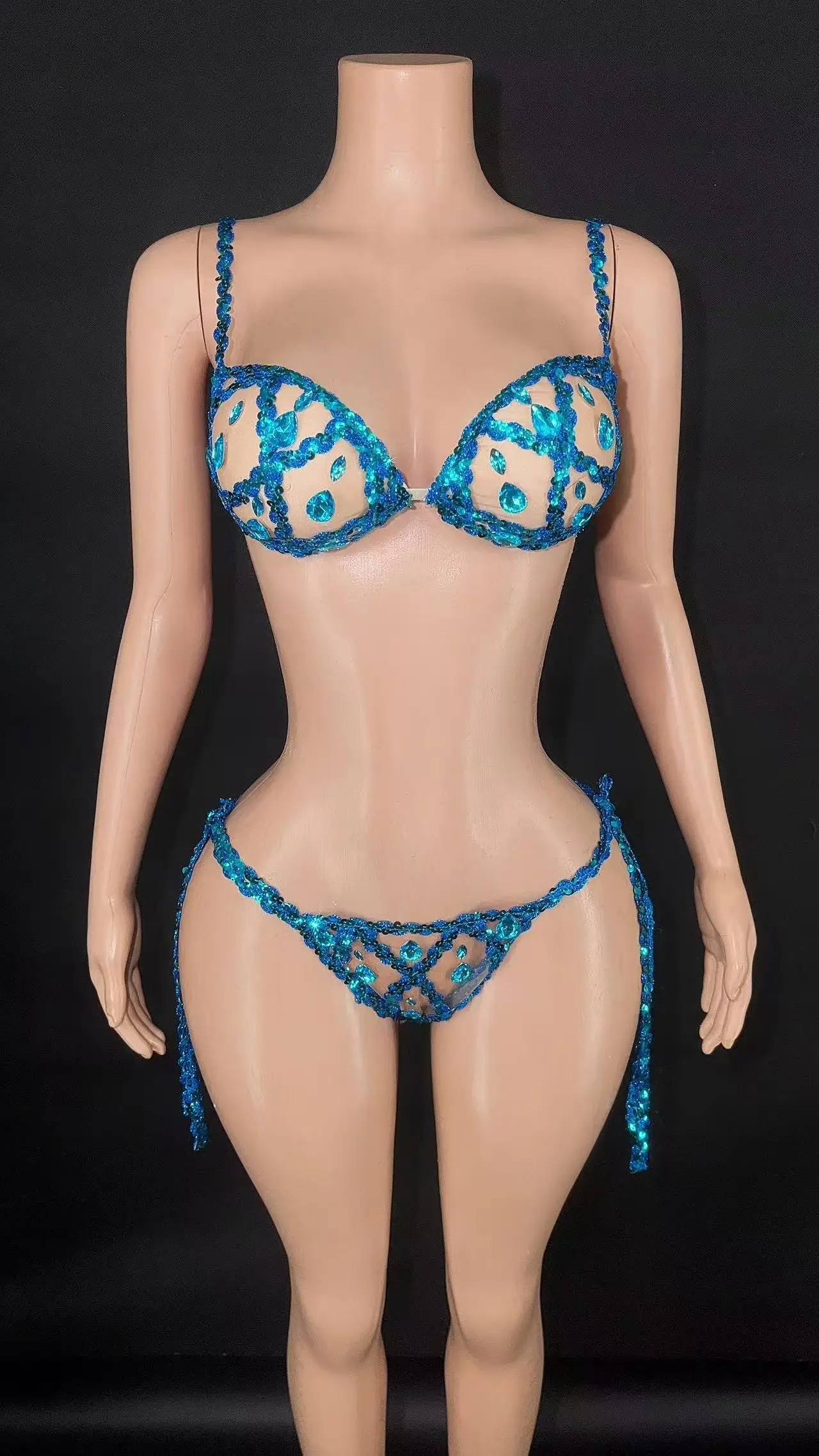 

Sexy bikini set Sexy Sparkly Multicolor Rhinestones Sleeveless Mesh Transparent Women Birthday Celebrate Plus Size