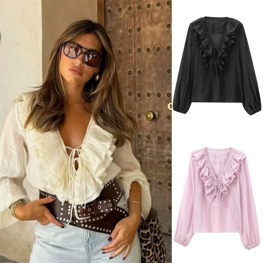 PB&ZA2024 Autumn New Women\'s Fashion Versatile Casual Layered Decoration V-neck Long sleeved Shirt