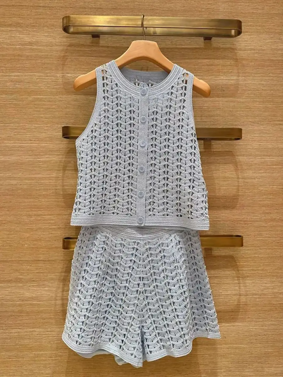 

Women Hollow Out Blue Knitted Set Single Breasted Round Neck Sleeveless Vest + Elastic Waist Shorts Spring/Summer Casual Suit