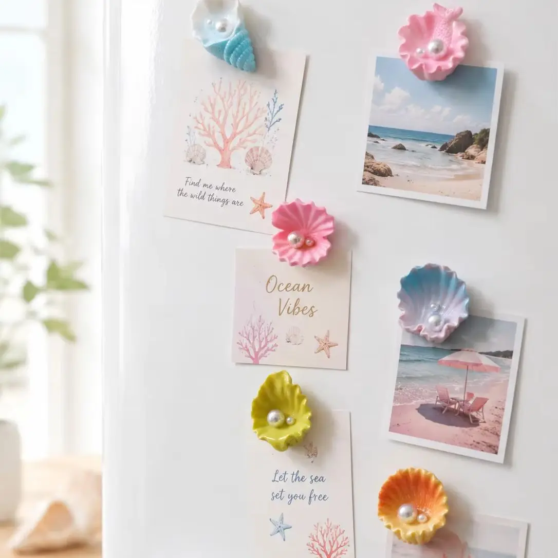Seashell Pearl Fridge Magnet Cute Ocean Shell Conch Refrigerator Magnet Colorful Beach Style Home Kitchen Decoration