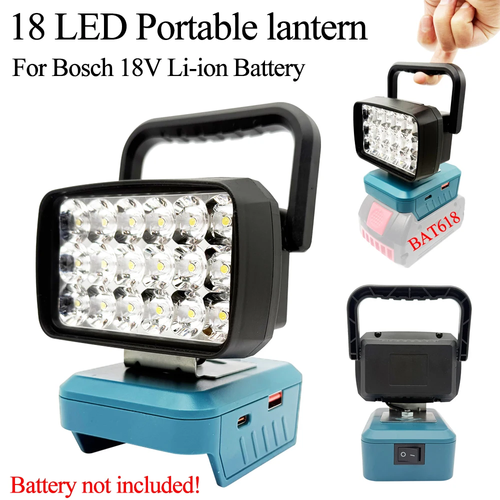 Luces LED de trabajo de 18 cuentas, lámpara de mano, linternas portátiles, focos, antorcha para batería de litio Bosch de 18V BAT618 BAT609
