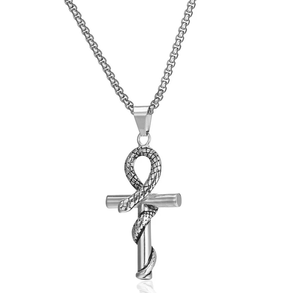 Stainless Steel Ankh Cross Pendant Necklace Coptic Cross Religious Snake Necklace 24 Inch Chain/Ancient Egyptian Cross Gift