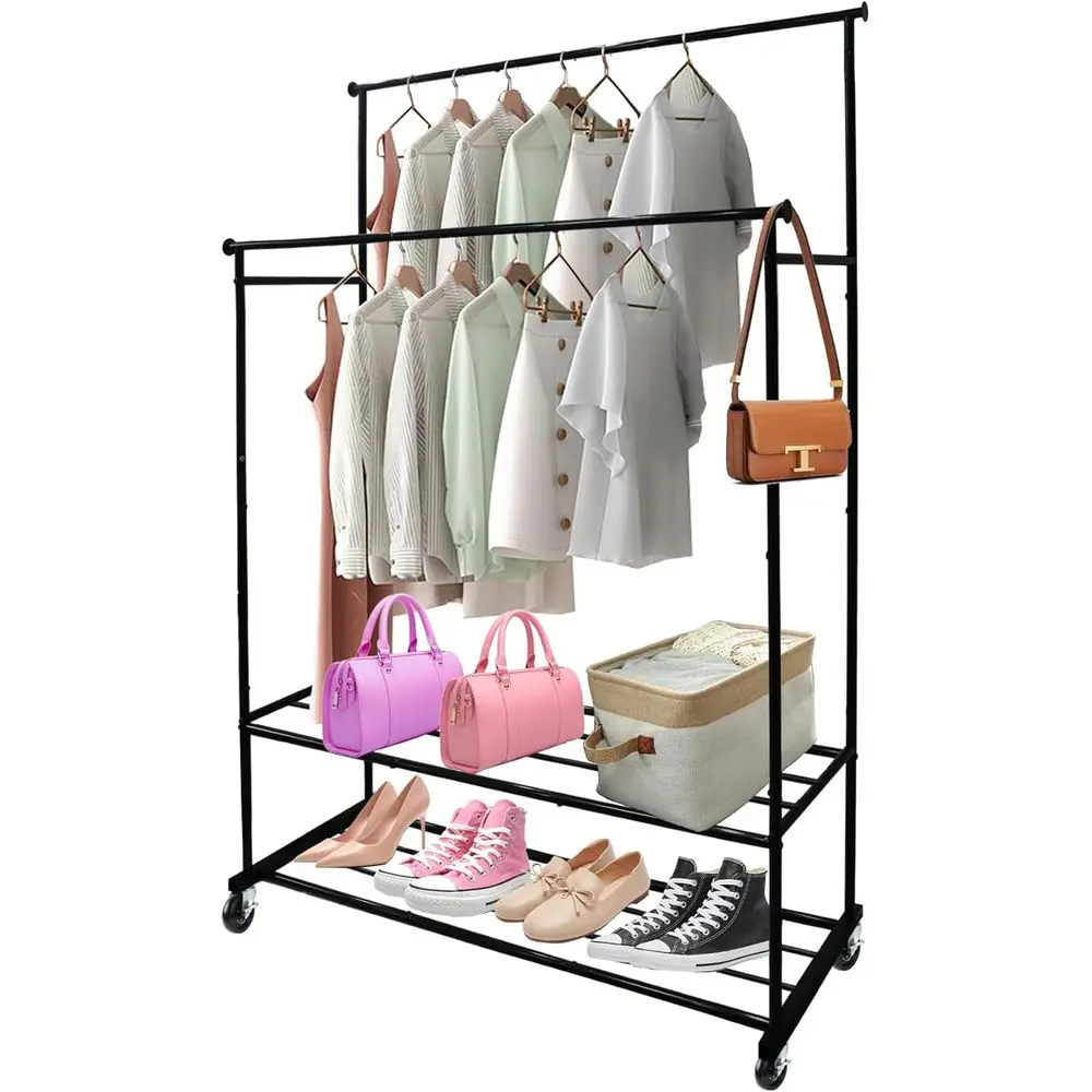 

Double Rods Rolling Clothing Rack with Wheels, Portable Wardrobe Rack with Mesh Bottom Shelf for Bedroom, Living Room, Clothing