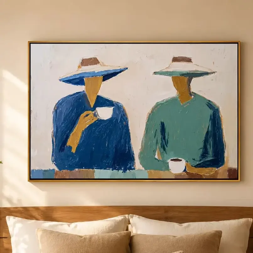 (No frame)The Coffee Hour – Two Faceless Folk Portraits in Wide-Brim Hats Painting | Minimalist Horizontal Living Room Art