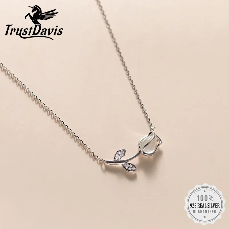 

TrustDavis Real 925 Sterling Silver Fashion Mother Gift Tulip Flower Dazzling CZ Necklace For Women Lady Fine 925 Jewelry DE0002