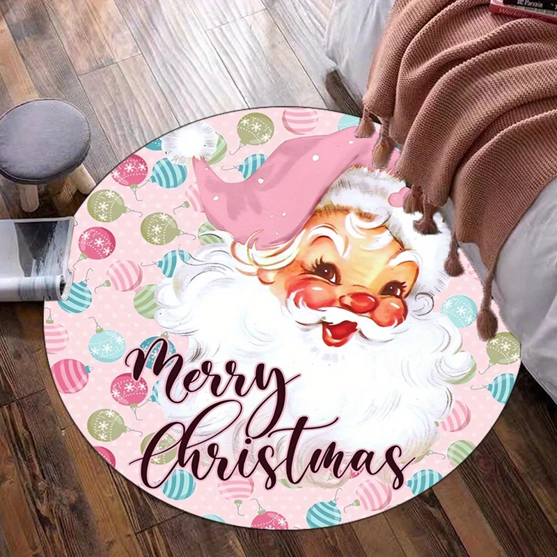 

Merry Christmas Santa Claus Round Rug Holiday Festive Pink Balloons Cartoon Kids Room Decor Anti Slip Floor Mat