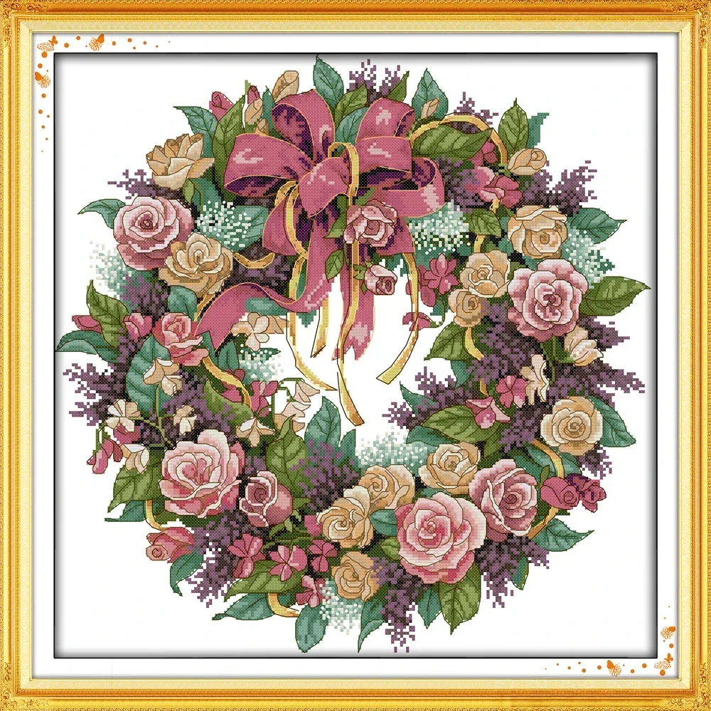 Joy Sunday Pre-printed Cross Stitch Kit  Easy Pattern Aida  Stamped Fabric Embroidery Set-A Wreath of Roses