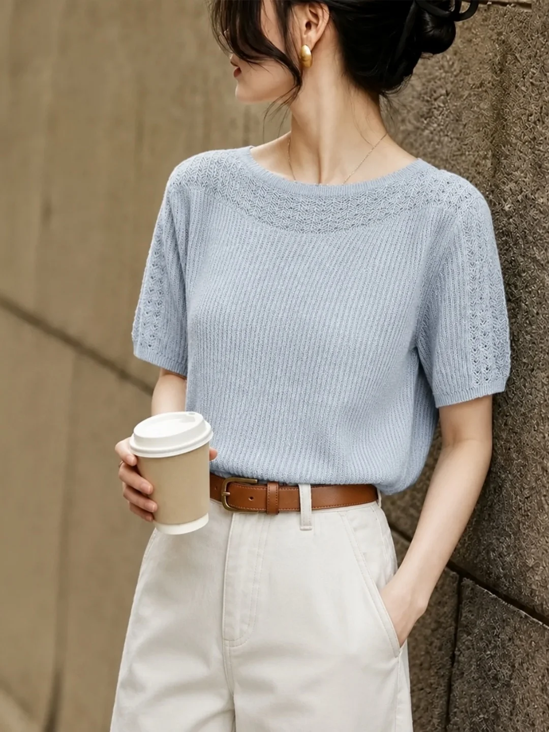 

Trendy Hollow out Ice Silk Knitted Top Short Sleeve Color Versatile Fashionable Youthful Summer Korean Style Women's Cl...