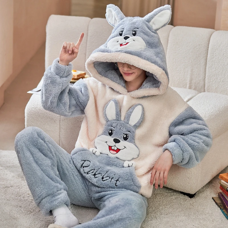 Bonito animal com capuz pijamas para pijamas de inverno masculino define pijamas de manga longa engrossar quente flanela macia sleepwear plus size