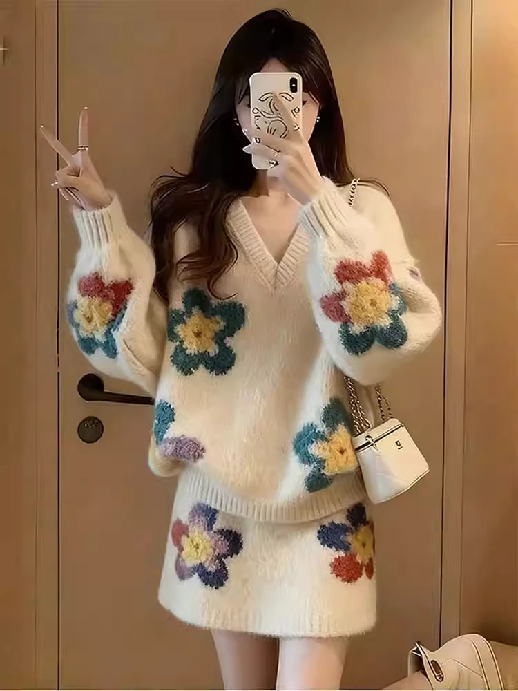 Winter Faion Soft Cozy Sweater Skirt Set Unique Sli High End Look V Ne Long Sve Plant Floral Knitted Thiened Two...