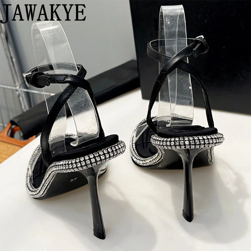 Summer Crystal Sandals Wedding Pumps Women High Heels Open Toe Rhinestone Ankle Buckle Party Dress Sexy Slipper for Women Mules