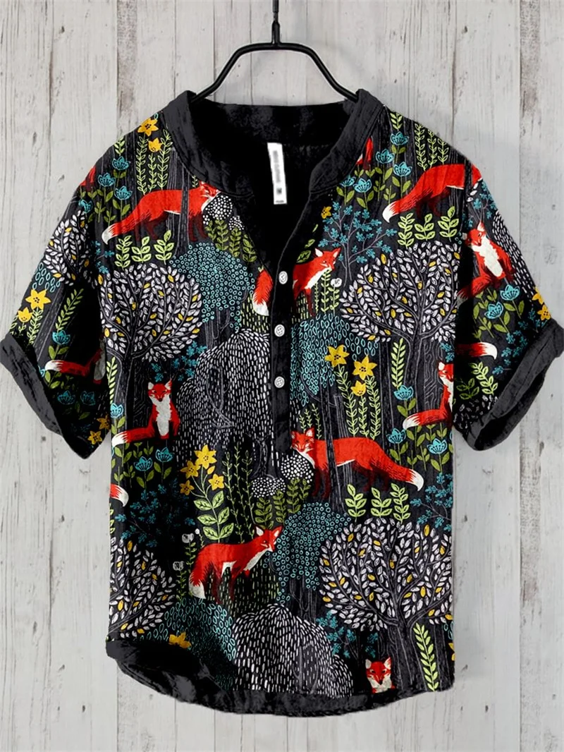 Camicia con scollo a v estiva e autunnale da uomo con bottoni alla moda top a maniche corte da uomo con stampa animalier 3D, nuovo stile sciolto e confortevole