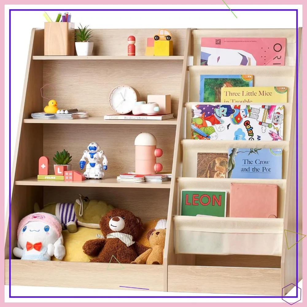 

4-Tier Wooden Kids Bookshelf with Toy Storage Organizer, 6-Layer Sling Book Rack for Nursery Playroom