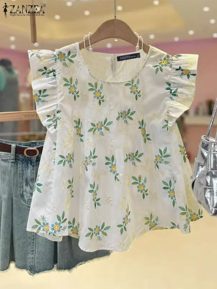 Zanzea Stickerei gespleißt Rüschen Blusen lässig Streetwear Frauen o Hals Tunika Tops Blumen ärmel los 2024 Sommer Mode Blusas