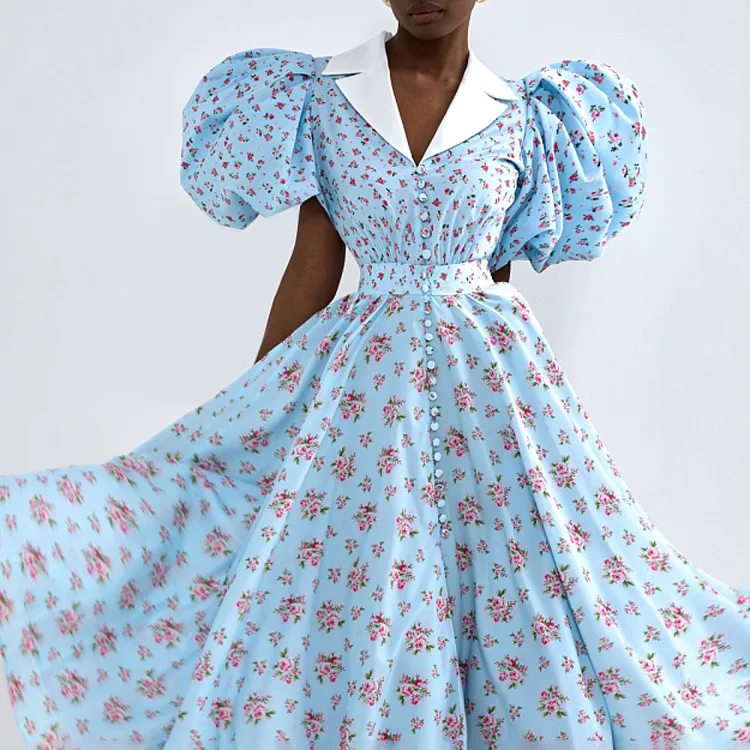 

2026 Lapel Bubble Sleeves High Waist Printed A-word Dress Women's Single-breasted Temperament Elegant Floral Dress