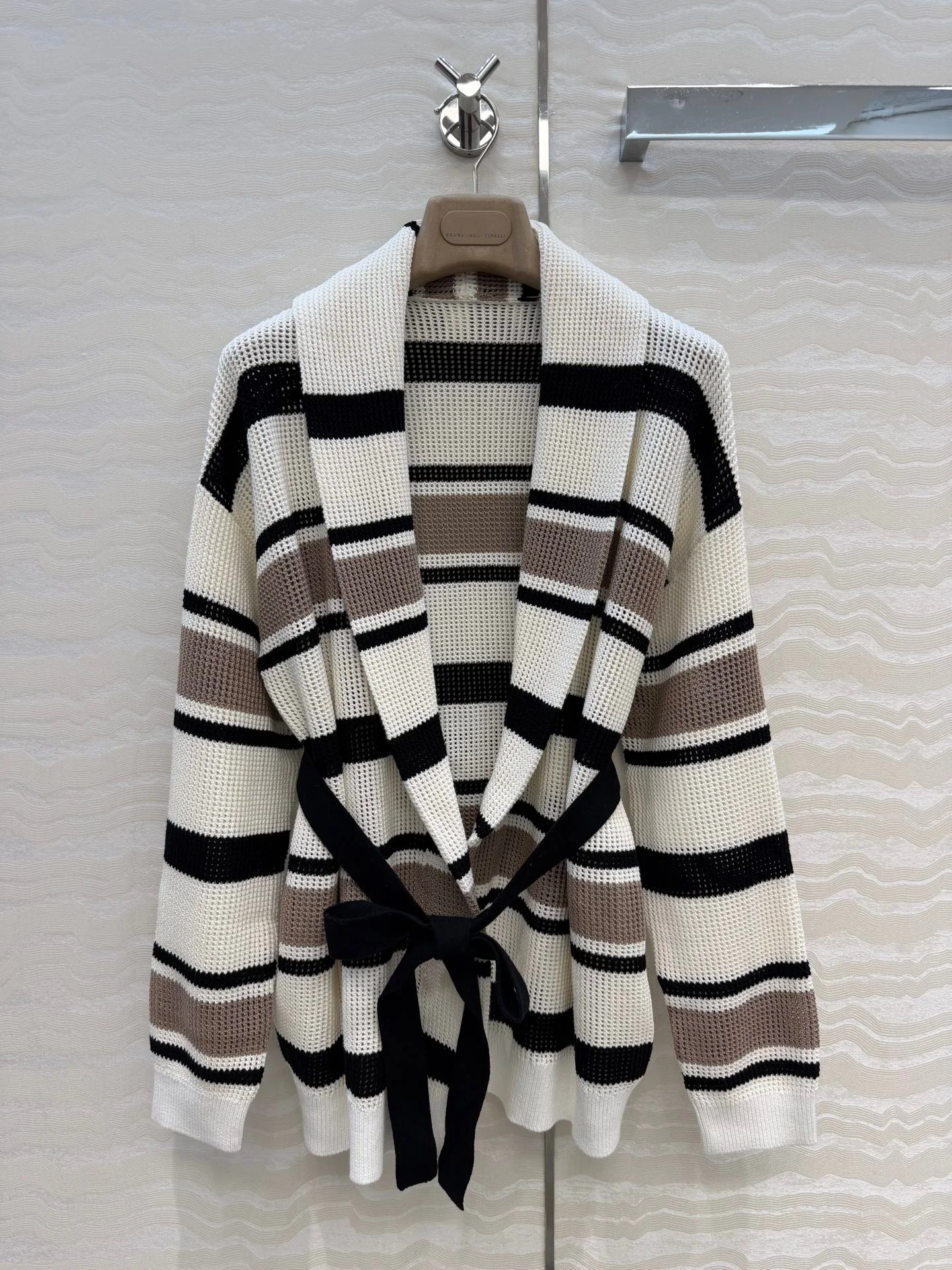 2026 New Striped Drop-Shoulder Collar Belted Coat. Mesh Pure Cotton Yarn Coat
