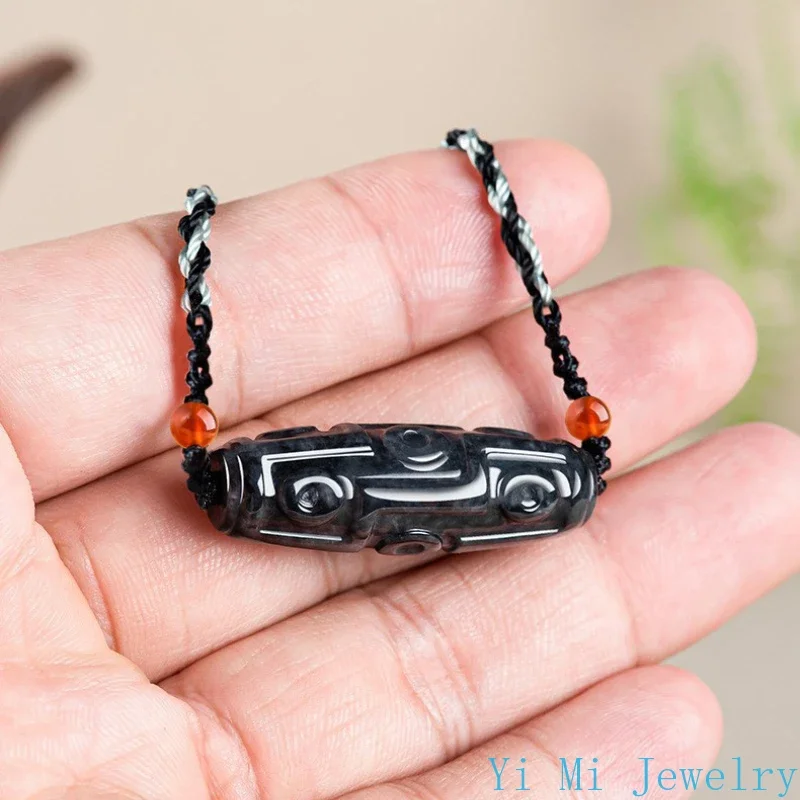 Natural GradeA Myanmar Jadeite Pendant Wuji Stone Nine Eyes Dzi Bead Jade Necklace Men Women Fashion Jewellery Gift with Lanyard