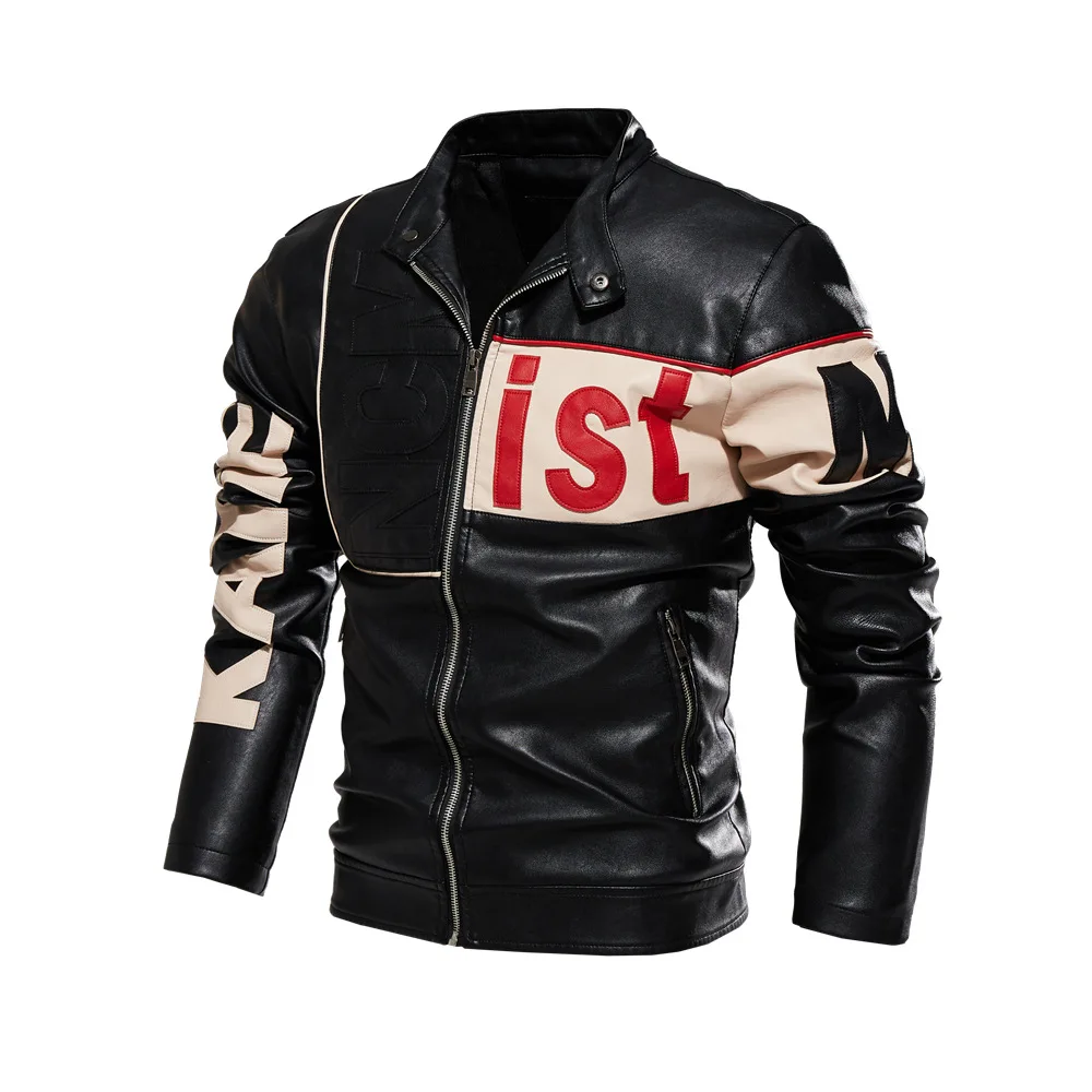 Autumn Men Plush Jacket Motorcycle Punk Letter Printed Contrast Color Male Outerwear Stand Collar Long Sleeve Zipper Man Coat