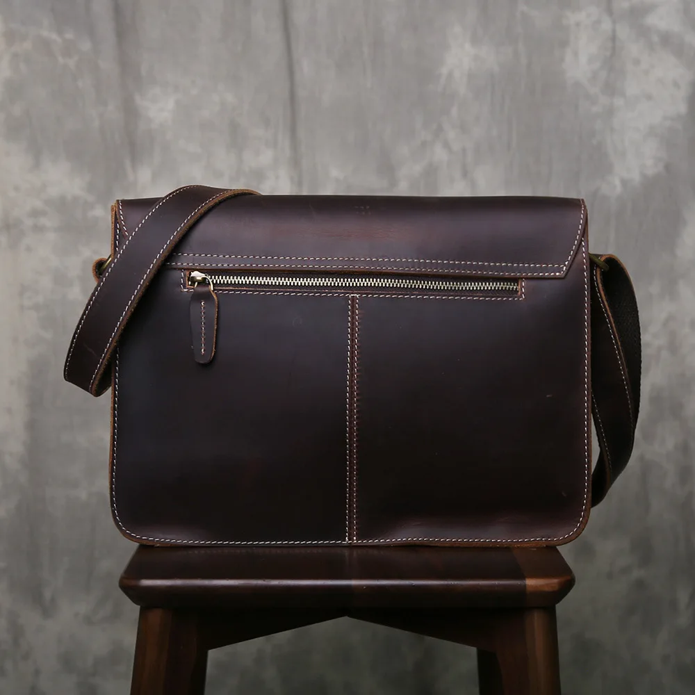 Retro Crazy Horse Leder Herren Schultertasche aus Vollnarbenleder Crossbody-Tasche Bestseller Horizontale Messenger-Tasche – Detail 5