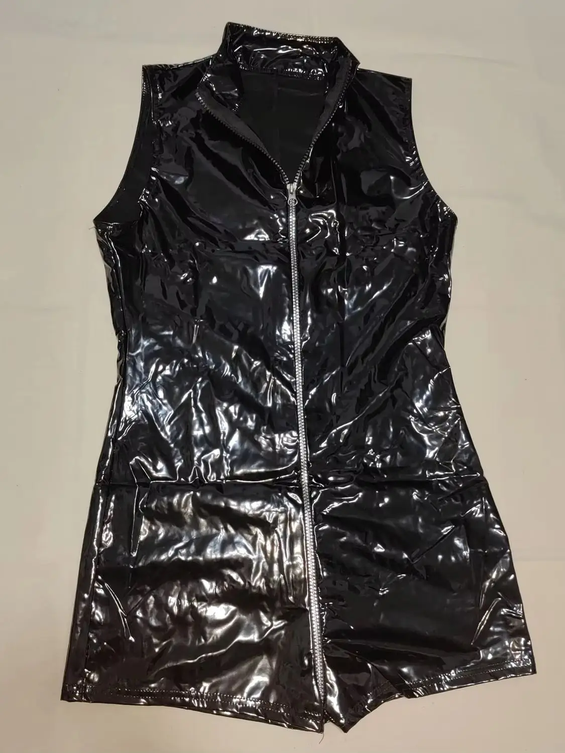 Sleeveless Wet Look PVC Catsuit Tank Playsuits Shiny PU Leather Two Way Zipper Crotch Bodysuit Tights Body Teddies Leotard Shirt