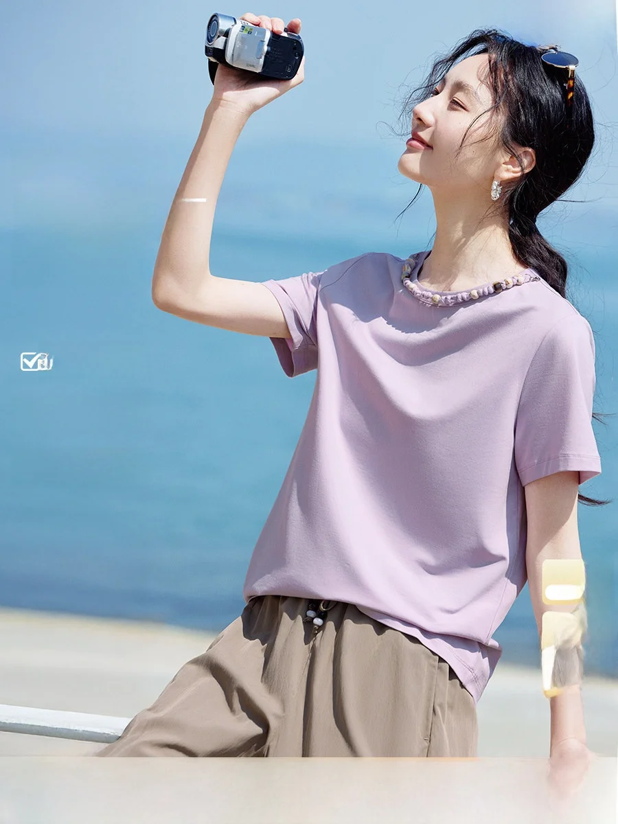 

Женская футболка XWI Лето 2026, вязаная, с круглым вырезом, приталенная, фиолетовая, из хлопка, лиоцелла и спандекса, повседневный стиль, прямой крой