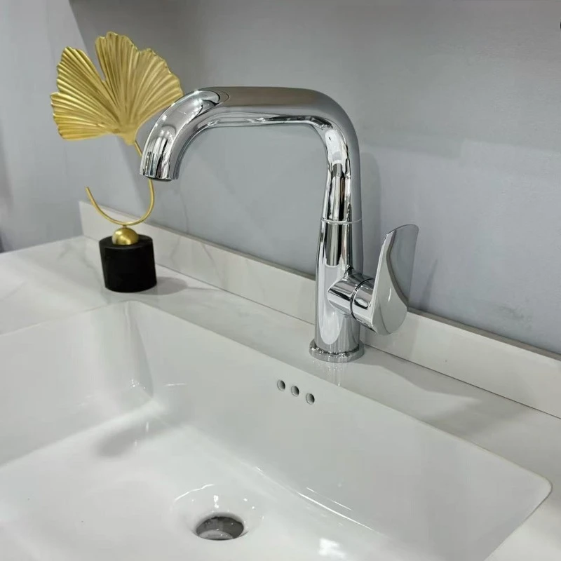 360° Swivel Vertical Curved Bathroom Faucet Single Handle Single Hole Basin Sink Mixer Tap Zinc Alloy Washbasin Faucet With Hose