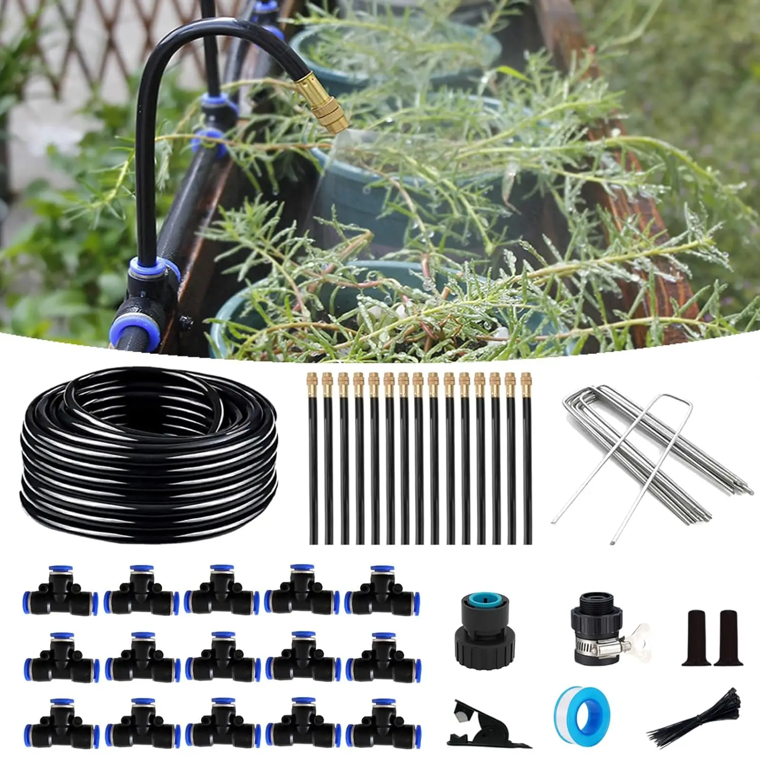 A plastic drip irrigation kit for agriculture and gardens with 10 adjustable 360-degree nozzles