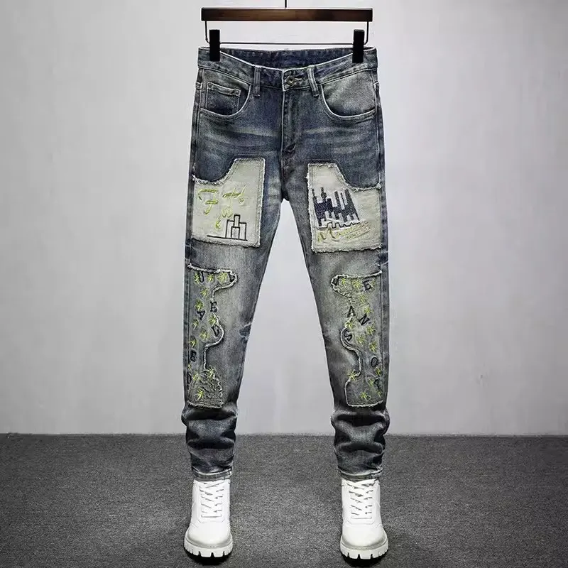 

Streetwear Fashion Men Jeans Retro Washed Blue Stretch Slim Fit Embroidery Ripped Jeans Men Patched Designer Hip Hop Denim Pants