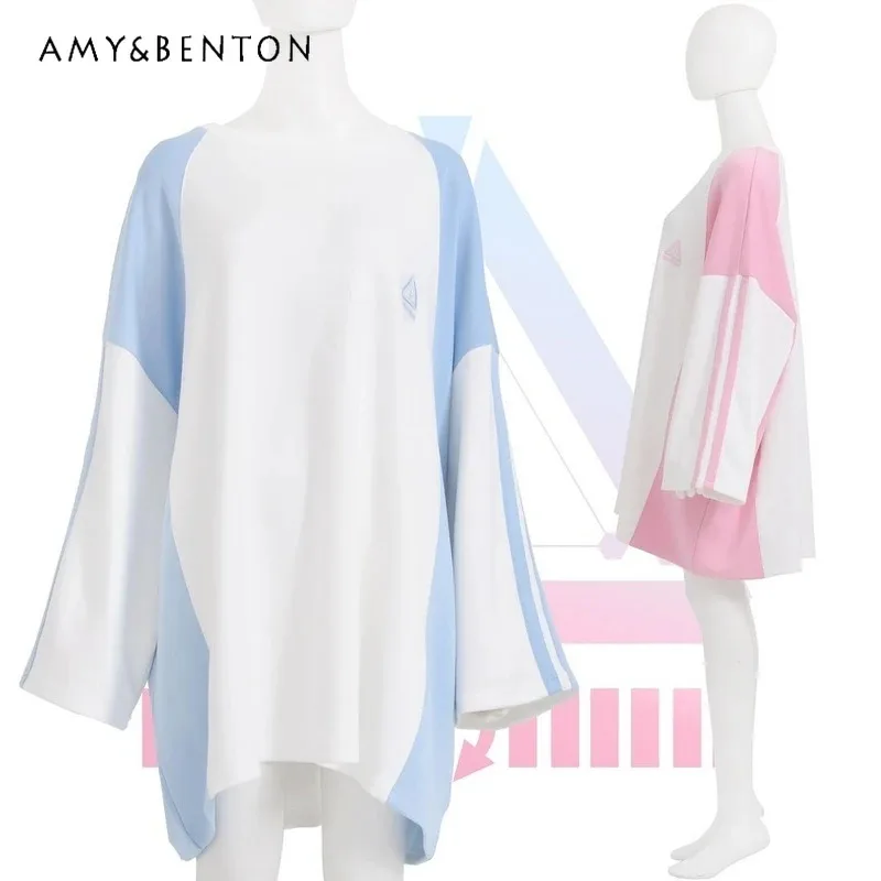 25COSاليابانية Harajuku Ililil نظام ألوان مائية اللون مطابقة القمصان للنساء ربيع جديد Y2K منتصف طول المتضخم تي شيرت