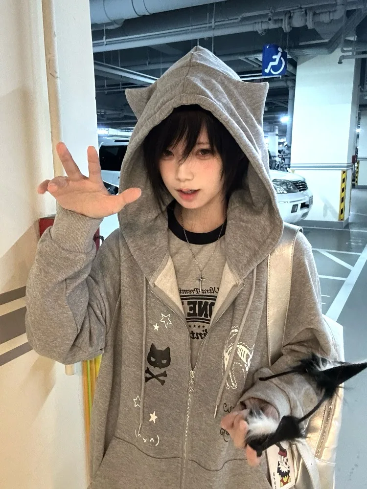 Chaqueta de subcultura japonesa de otoño con capucha para mujer, ropa Y2k, abrigos Vintage americanos, sudaderas Kawaii, sudaderas finas Harajuku