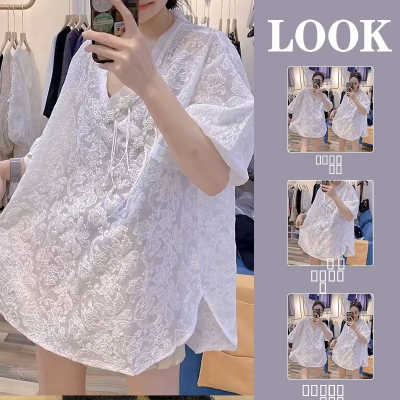 

plus Size Women's T-Shirt V-Neck Five-Quarter Sleeve Loose Fit Embroidered Hook Summer Versatile Meat Concealing Trendy Top