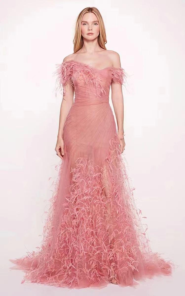 Luxury Strapless Feather Prom Gowns Tulle Pleated A Line with Split Dresses Women's Formal Occasion Dresses Floor Length