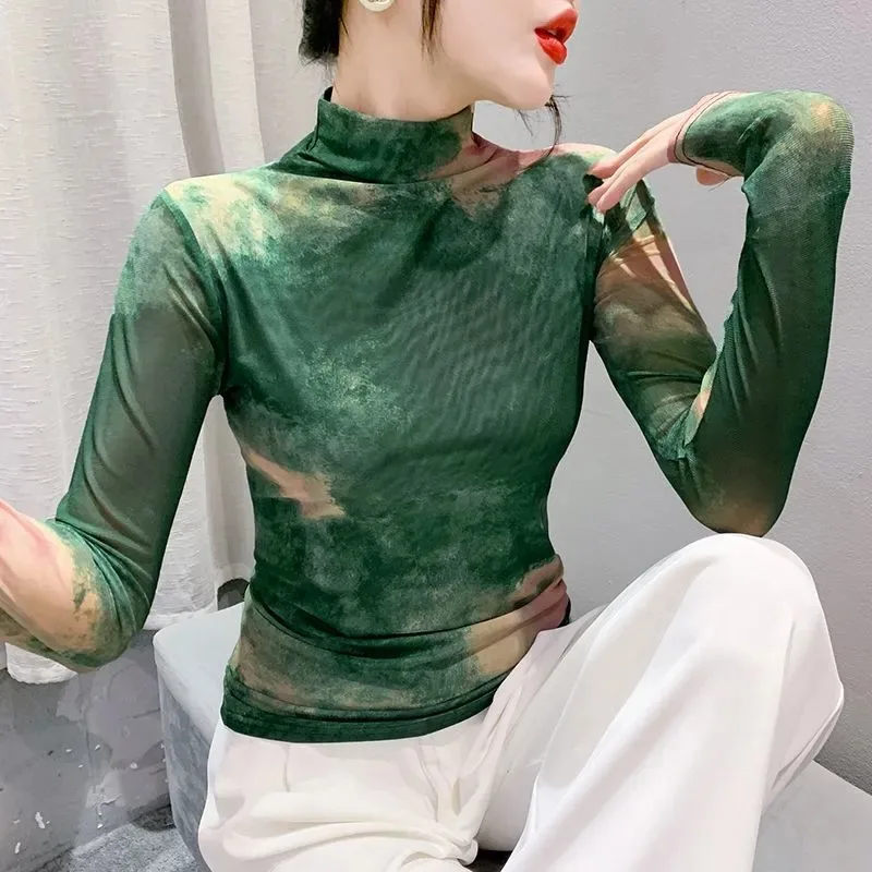 

Autumn Winter Mesh Long-sleeved T-shirt Women's Tees New Small Shirt with Autumn Coat Half Turtleneck Bottoming Top