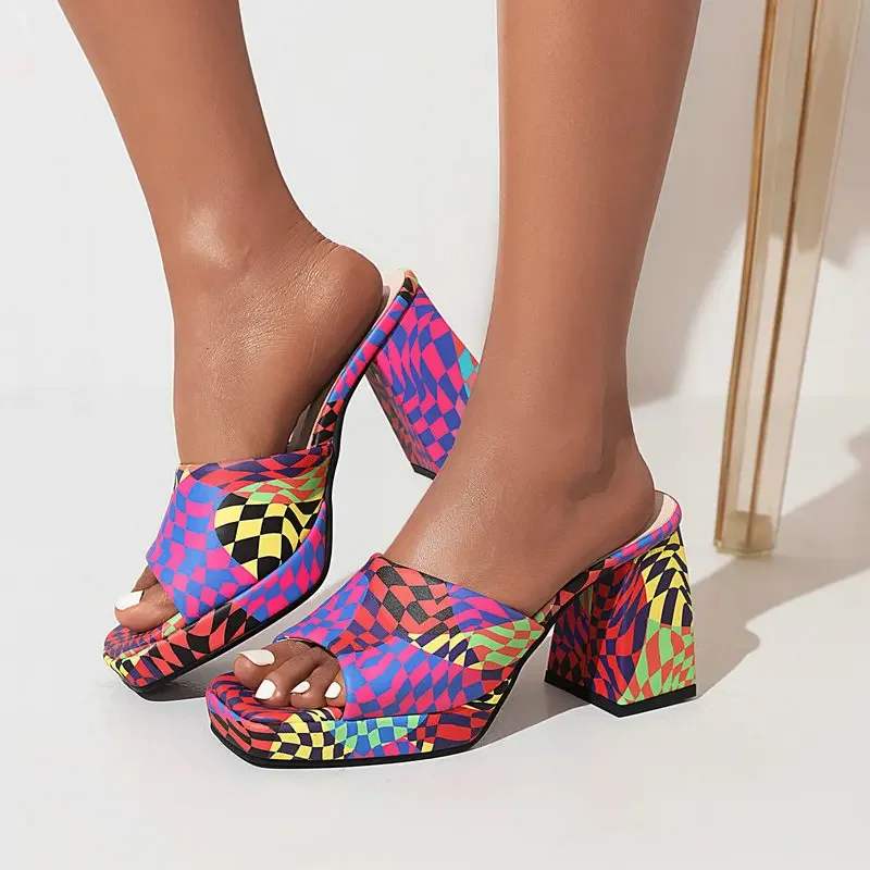 Plaid Checker Colorful Womens Slippers Summer Open Toe Female Fashion Shoes Chunky Heels Mules Platform Slides Sandals Size 43