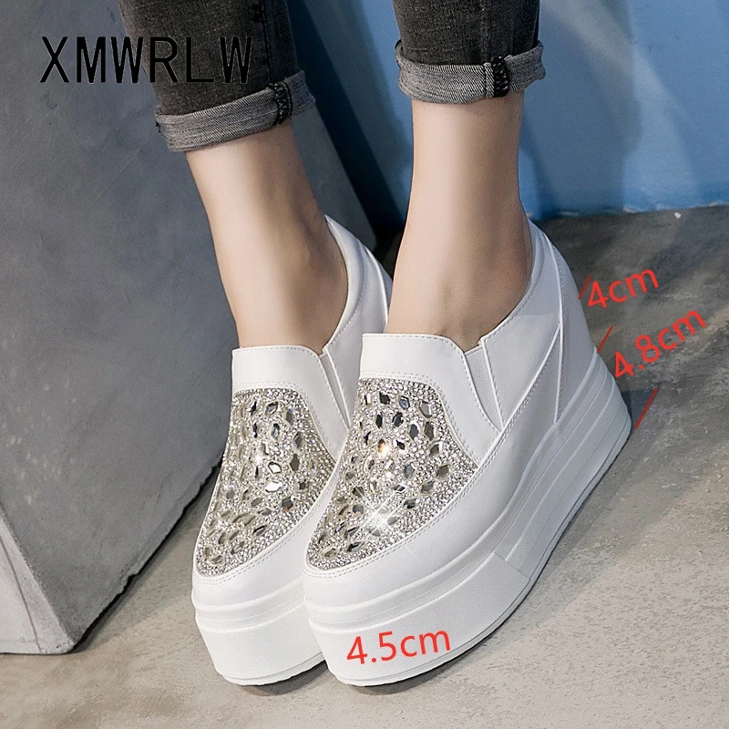 XMWRLW Women's Loafers Fashion Rhinestone Chunky Shoes For Women Platform Shoes Hidden Heel Slip on Female Loafers Wedges Shoe