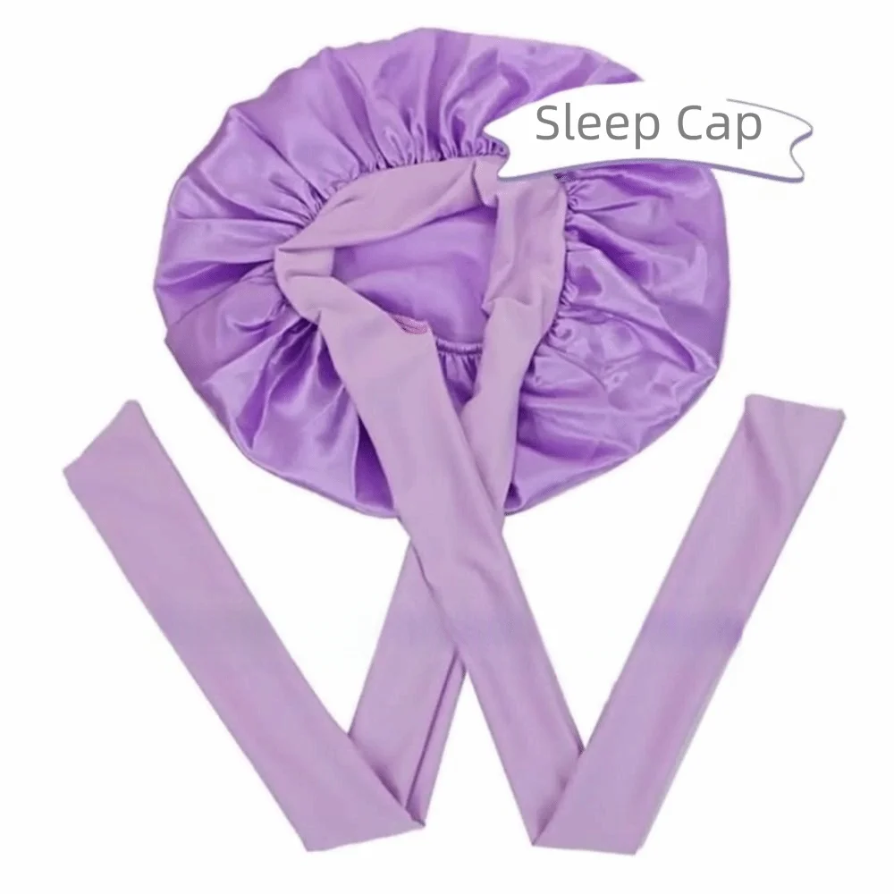 Satin Material Sleeping Bonnet Solid Color Wide Brim Design Night Sleep Cap Soft Adjustable Strap Satin Sleep Bonnet